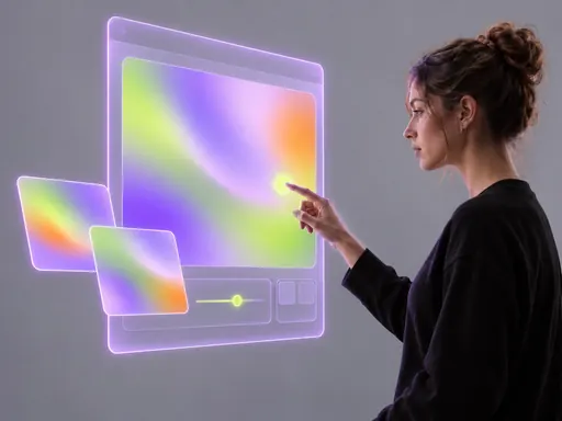 A creator interacting with a floating glass image canvas filled with colorful gradients.