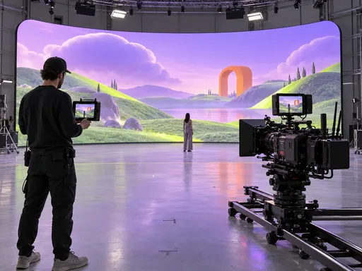 A filmmaker and cinema camera filming a performer in a virtual production studio with a colorful landscape backdrop.
