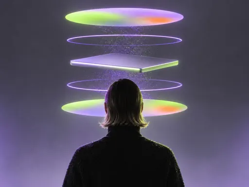 A creator viewed from behind facing layered holographic planes glowing in violet, lime, and orange.