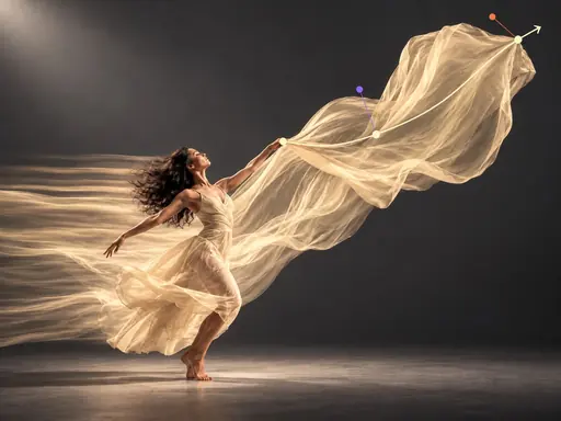 A dancer directing flowing cream-gold fabric along a golden motion curve with Bézier control handles against a dark gray studio backdrop.