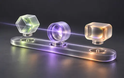 Interchangeable optical modules with matching mounts on a shared glass track.