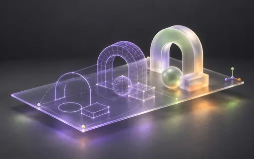A flat design evolving through wireframe geometry into a translucent three-dimensional scene.